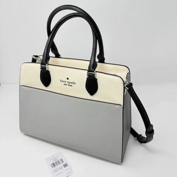 Kate Spade Madison Colorblock Saffiano Medium Satchel Bag Cream/Plat. Gray/Black - Picture 17 of 17